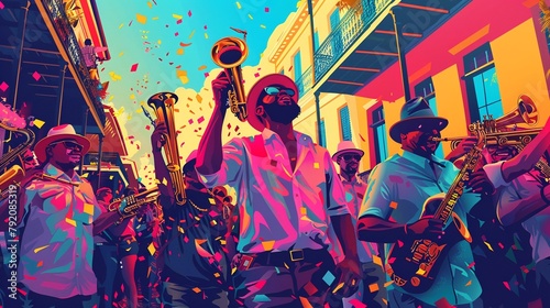 Lively vector illustration of a New Orleans jazz street parade, with musicians, dancers, and the vibrant energy of the crowd