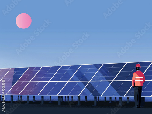 Illustration of an engineer by a large solar panel array at dusk with a clear sky and pink sun. photo