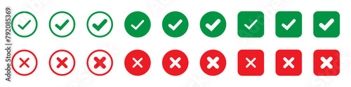 Right or wrong icons. Green tick and red cross checkmarks in circle flat icons. Yes or no symbol, approved or rejected icon for user interface.