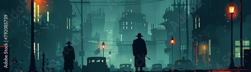 Vector illustration of a classic detective scene, with a noir aesthetic, shadowy figures, and a foggy city backdrop photo