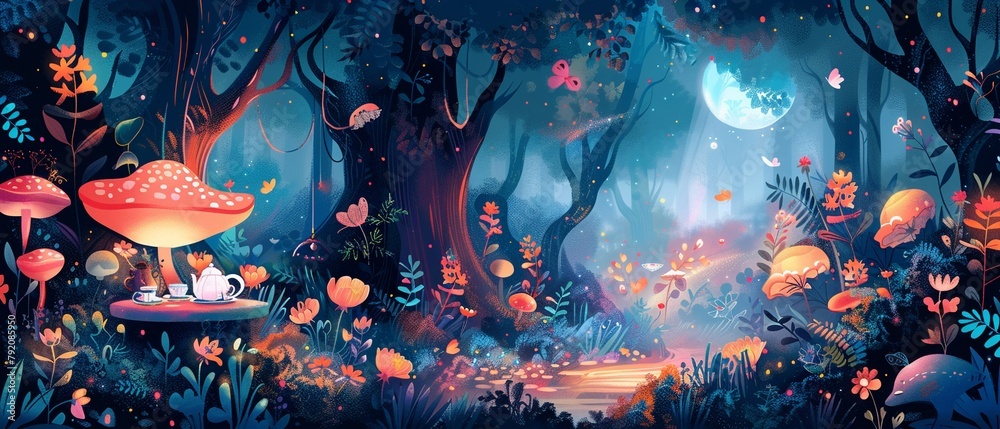 Whimsical vector illustration of an enchanted garden at dusk, featuring fairies, glowing flowers, and a mystical pond