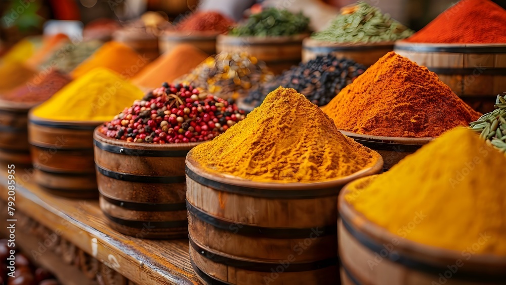 Vibrant spice market highlights diverse culinary traditions with lively aromatic displays. Concept Spice Market, Culinary Traditions, Aromatic Displays, Diverse, Vibrant