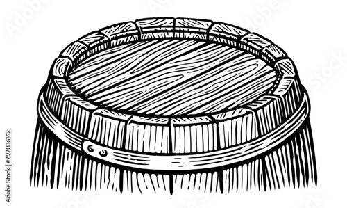 Top of wooden barrel sketch. Hand drawn oak cask vintage engraving style. Black and white vector illustration