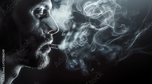 Man Smoking, Skull-shaped Smoke, Dark Blue Background, Closeup Facial Expressions