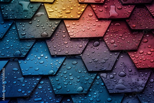 Roof Shingles, Color Gradient from Red to Blue, Raindrops, Dark Background with Rainbow photo