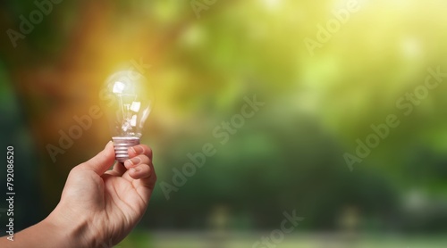 Hand holding bright light bulb at nature