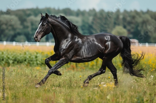 Black Horse Running in Field With Trees