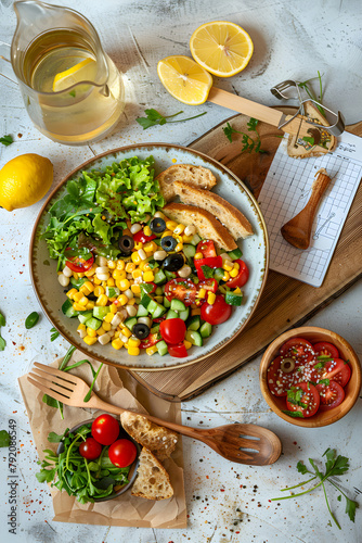 Refreshingly Healthy Meal Prep: Colorful Salad, Whole Grain Sandwich, and Infused Water on Rustic Kitchen Tabletop.