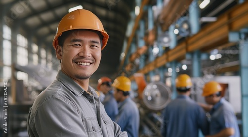 Happiness at work, Asian male worker smiling in front of camera with group of workers behind at factory hall