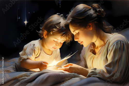 mother and child at home, mother and child, parent and child, mother and child reading, mother day,  mother reading a bedtime story to her child, mother reading, watercolor, mom
