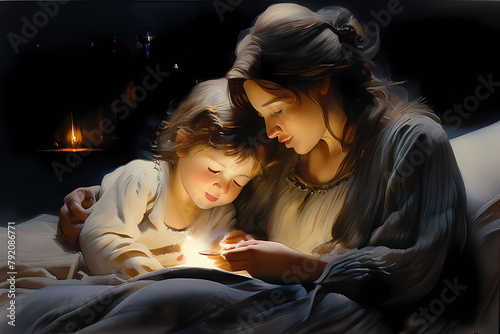 mother and child at home, mother and child, parent and child, mother and child reading, mother day,  mother reading a bedtime story to her child, mother reading, watercolor, mom