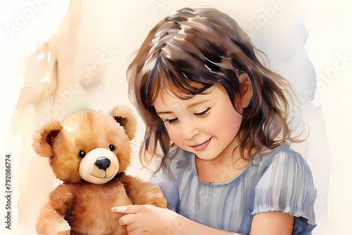 girl and teddy bear, woman with teddy bear, child with teddy bear, child playing with toys, girl with teddy bear, watercolor