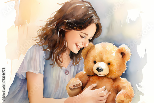 girl and teddy bear, woman with teddy bear, child with teddy bear, child playing with toys, girl with teddy bear, watercolor