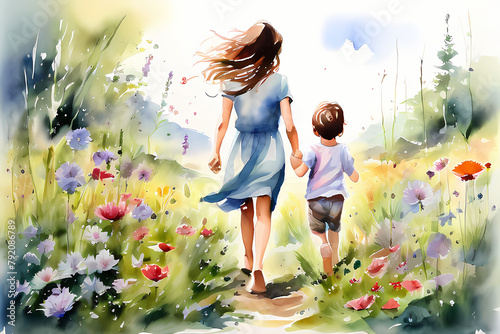 children playing in the park, mother and child, parent and child, mother day,  mother,  watercolor, mom, mother and child in a field of wildflower