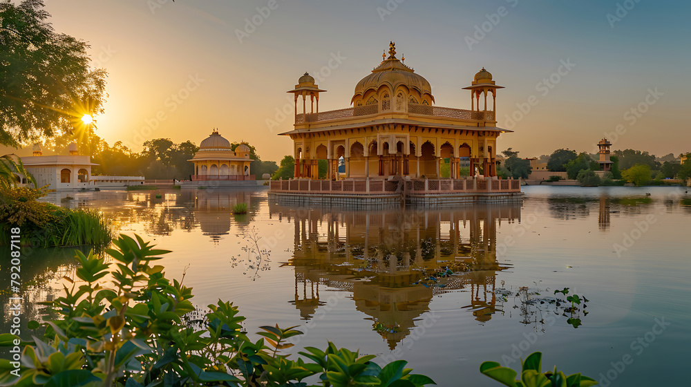 Fototapeta premium a golden-hued architectural structure reflected in calm waters, with the sun setting gracefully in the background