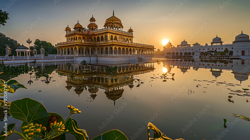 Obraz premium a golden-hued architectural structure reflected in calm waters, with the sun setting gracefully in the background