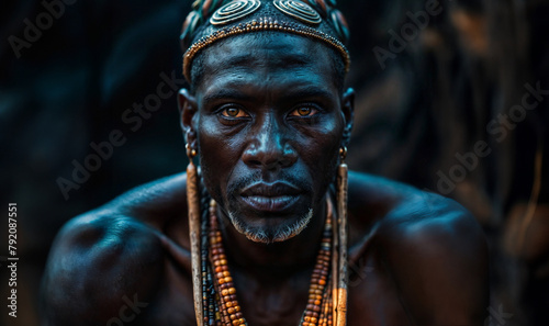 African tribe man looking at the camera wearing traditional adornments. African proud king photo