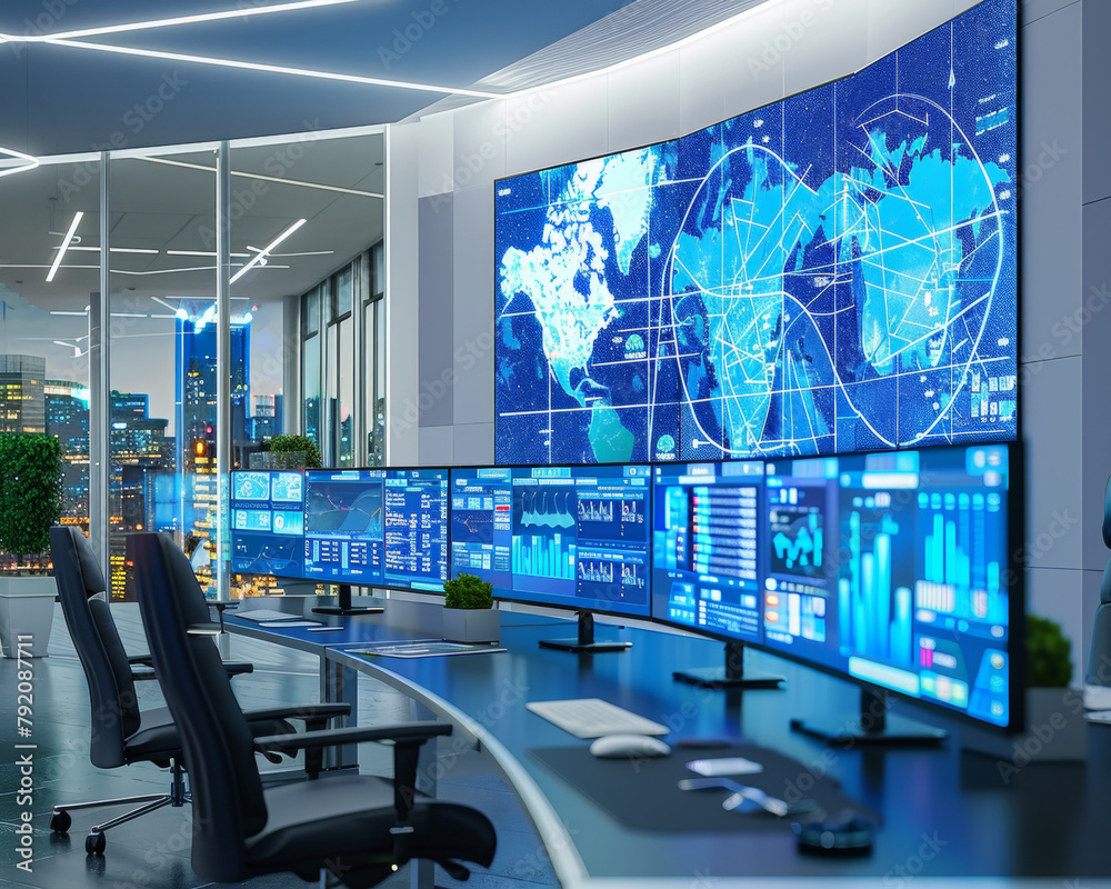 Futuristic Network Operations Center with Large World Map Display