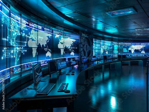 Futuristic secret underground lair with glowing blue screens