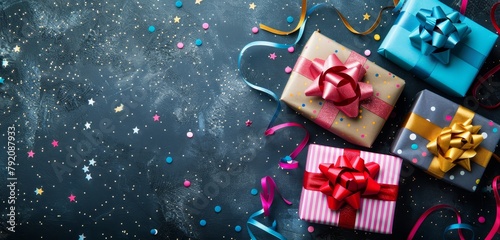 Festive gift boxes on a sparkling textured background, perfect for holidays.