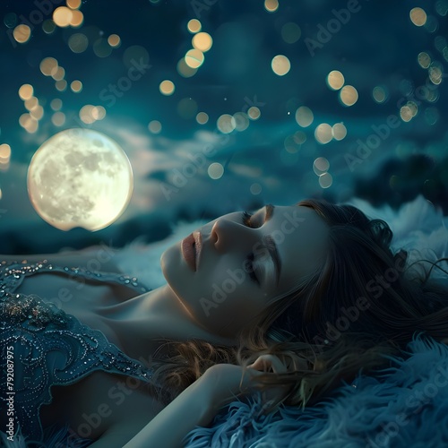 portrait of a young woman in evening dress with glitter sleeping peacefully on fluffy surface outdoors under a cloudless sky full of stars and a huge full moon © javiemebravo