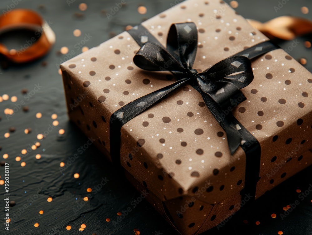 A single polka-dotted gift box adorned with a black ribbon among festive confetti. A single polka-dotted gift box adorned with a black ribbon among festive confetti.