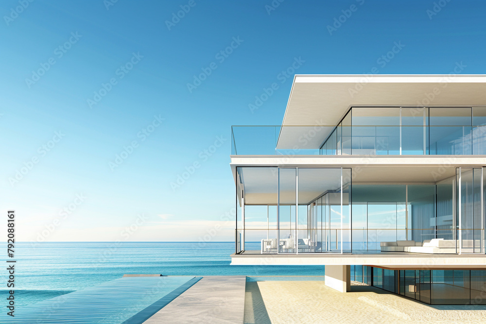 Contemporary beach home with a sleek design and large glass windows offering panoramic views of the turquoise sea, isolated on solidwhite background.