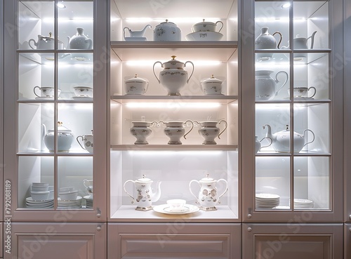 white kitchen cabinet with glass shelves and dishes stock photo contest winner