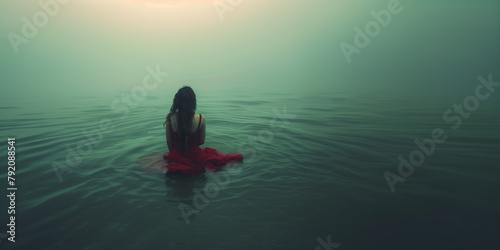 A Woman in a Red Dress  A Poetic Moment of Loneliness in The Emerald Waters