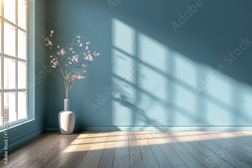 Minimalist plain blue wall with wooden floor sunlight. Generate AI image