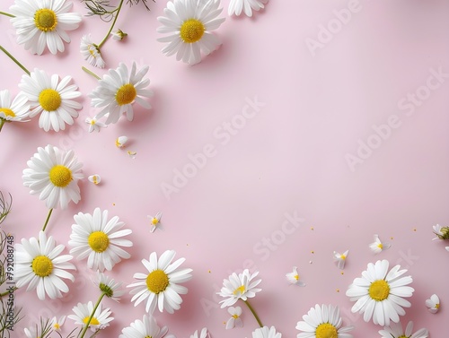 white daisy chamomile flowers on a pink background © TINA