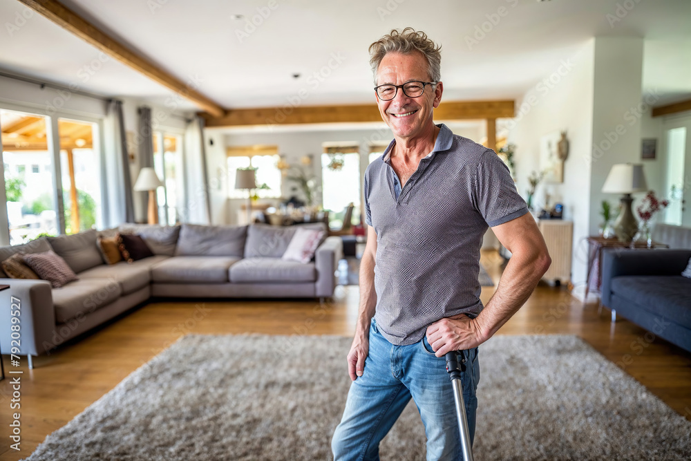 Fototapeta premium A man stands in a living room while holding the vacuum cleaner