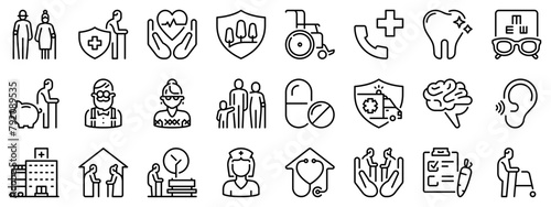 Icon set about elderly. Line icons on transparent background with editable stroke.