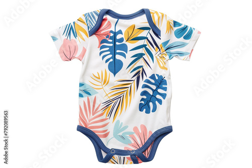 Cute printed onesie with summer-themed motif for babies, isolated on a solid white background