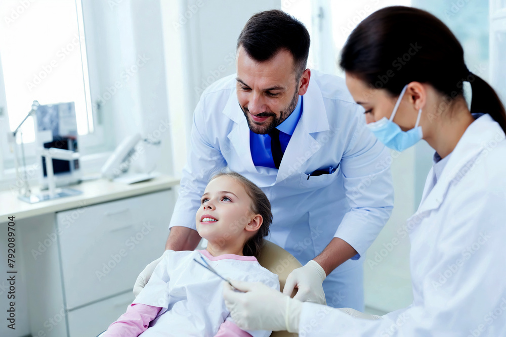 A woman is seated in a chair while a dentist stands next to her, ready to perform a dental procedure.