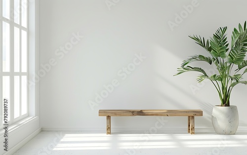 White wall mockup in a living room interior with a wooden bench and plants