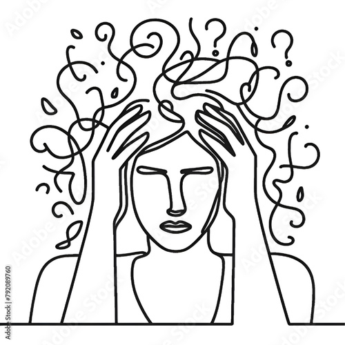 Continuous one line drawing of a person with confused feelings worried about bad mental health High quality and isolated on a white background. Problems, failure and grief concept