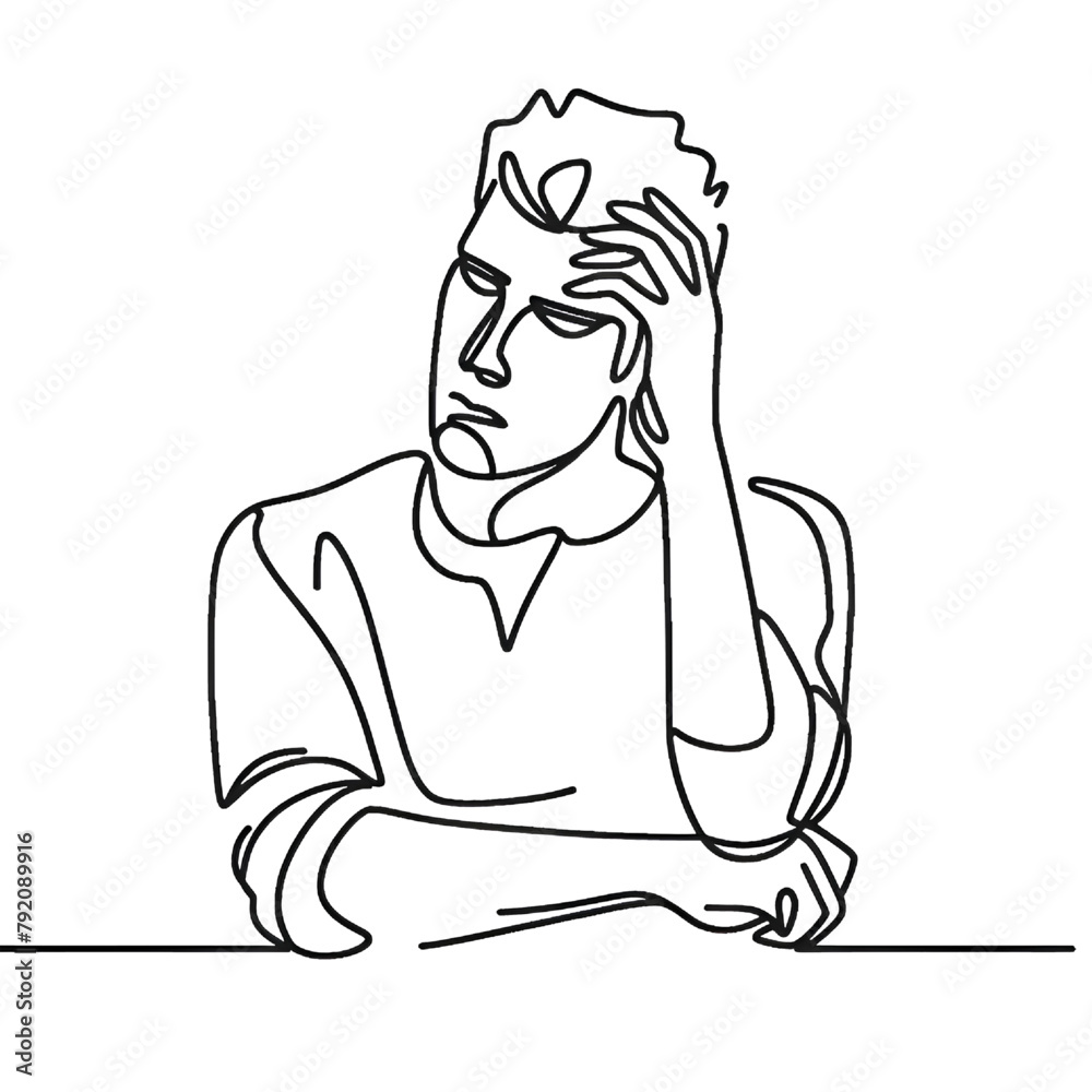 Continuous one line drawing of a person with confused feelings worried about bad mental health High quality and isolated on a white background. Problems, failure and grief concept