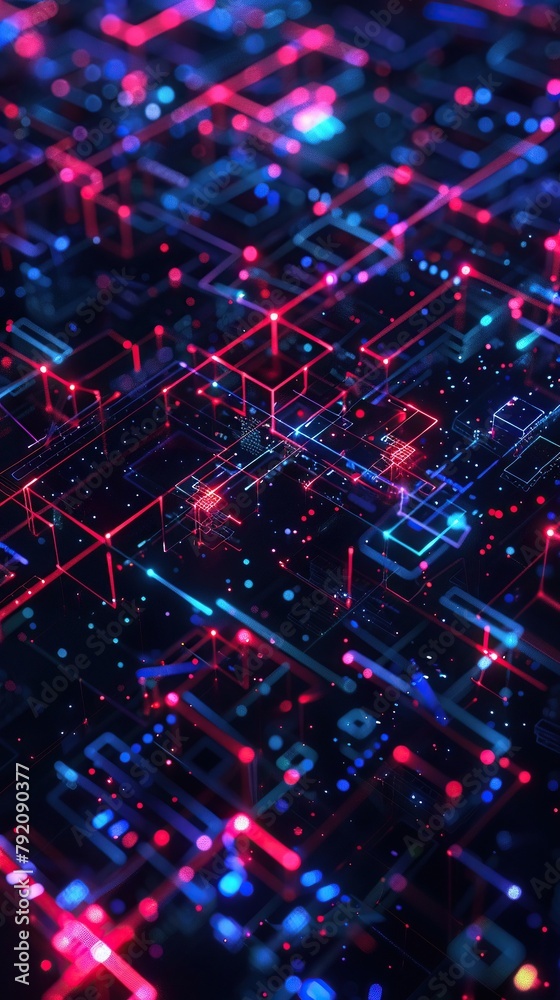 Futuristic background featuring a neon grid of blocks and circuits with glitch effects, creating a sense of dynamic digital disruption, set against a dark cybernetic space Futuristic background featuring a neon grid of blocks and circuits with glitch effects, creating a sense of dynamic digital disruption, set against a dark cybernetic space