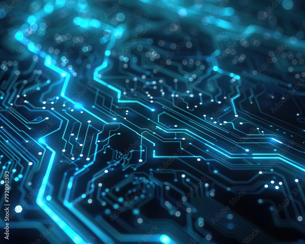 Futuristic technology background featuring a network of glowing blue circuit lines and digital nodes, ideal for high-tech presentations or web designs Futuristic technology background featuring a network of glowing blue circuit lines and digital nodes, ideal for high-tech presentations or web designs