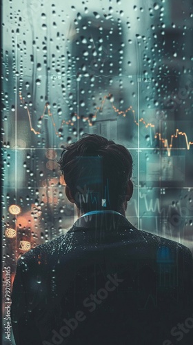 Emotional image of a businessman staring out a rain-streaked window, financial charts with declining figures in front of him, set against a simple, bleak background