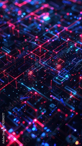 Futuristic background featuring a neon grid of blocks and circuits with glitch effects, creating a sense of dynamic digital disruption, set against a dark cybernetic space