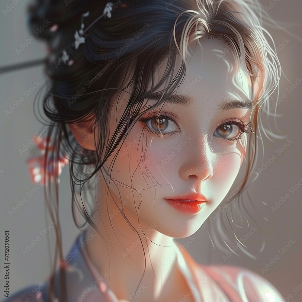 Una hermosa chica asiática, peinada a la delicada usanza de las geishas Una hermosa chica asiática, peinada a la delicada usanza de las geishas