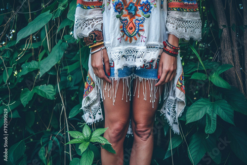 Embroidered boho tunic with denim cutoffs and strappy sandals photo