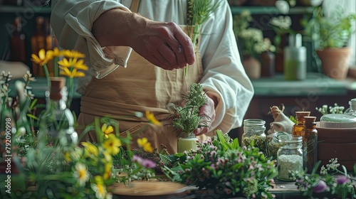 banner background National Herbalist Day theme, and wide copy space, herbal medicine, A herbalist's workshop with drying racks, herb bundles hanging, and tools of the trade, for banner, UHD image