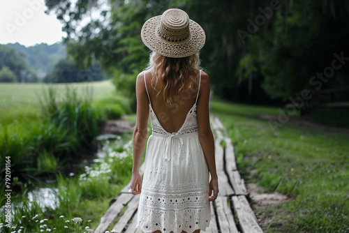 Eyelet lace sundress with a floppy hat and strappy sandals