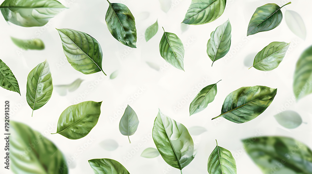 a collection of green leaves floating against a transparent background. The leaves vary in size and shape, creating a dynamic and lively composition a collection of green leaves floating against a transparent background. The leaves vary in size and shape, creating a dynamic and lively composition