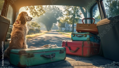This enchanting image features a lovable dog, sitting calmly in the back seat of a car that's ready for vacation, with colorful suitcases piled high next to it. photo