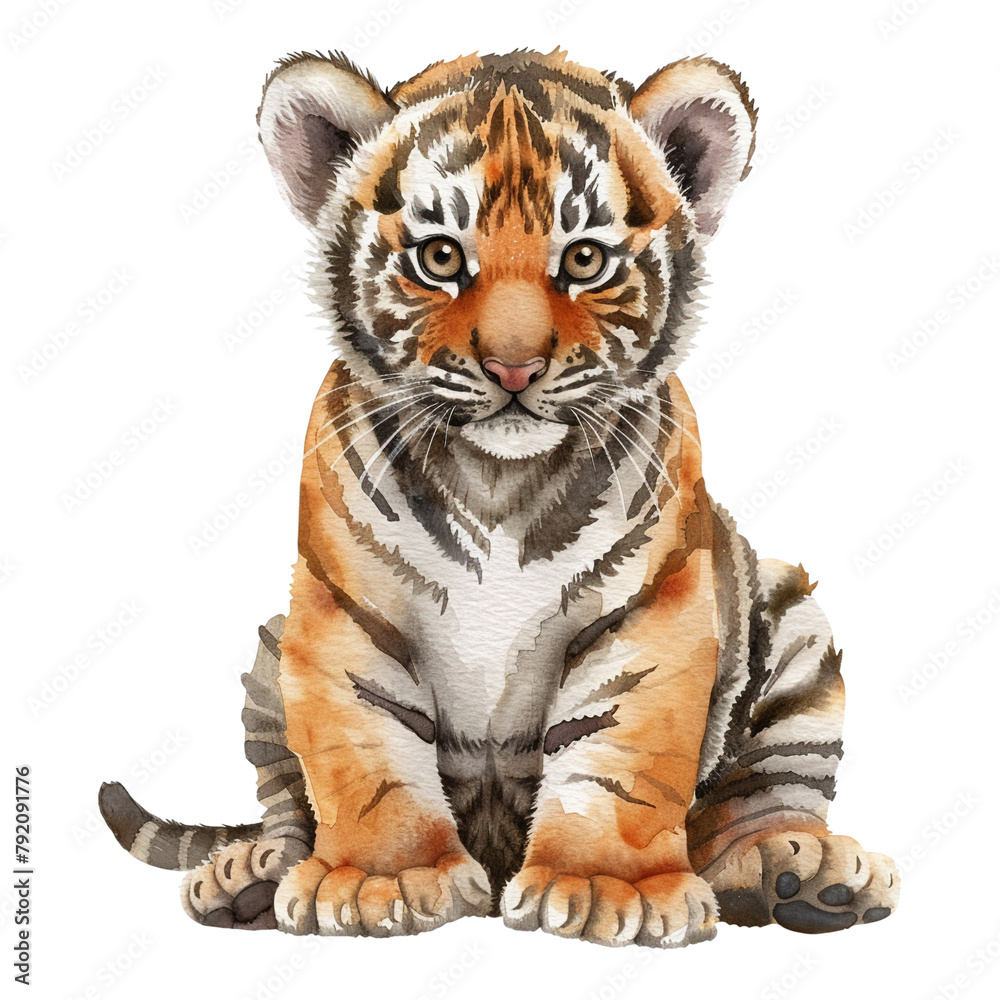 Obraz premium A baby tiger is sitting on its hind legs and looking at the camera