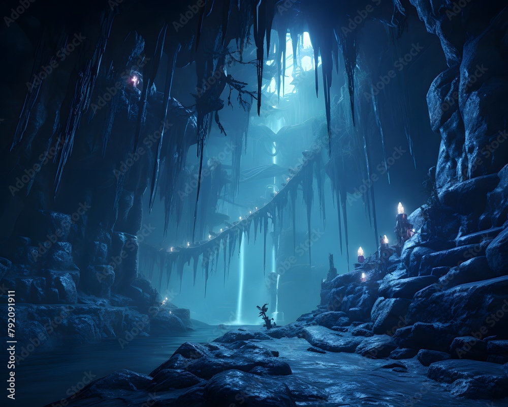 Underwater scene with stalactites and stalagmites. 3d rendering